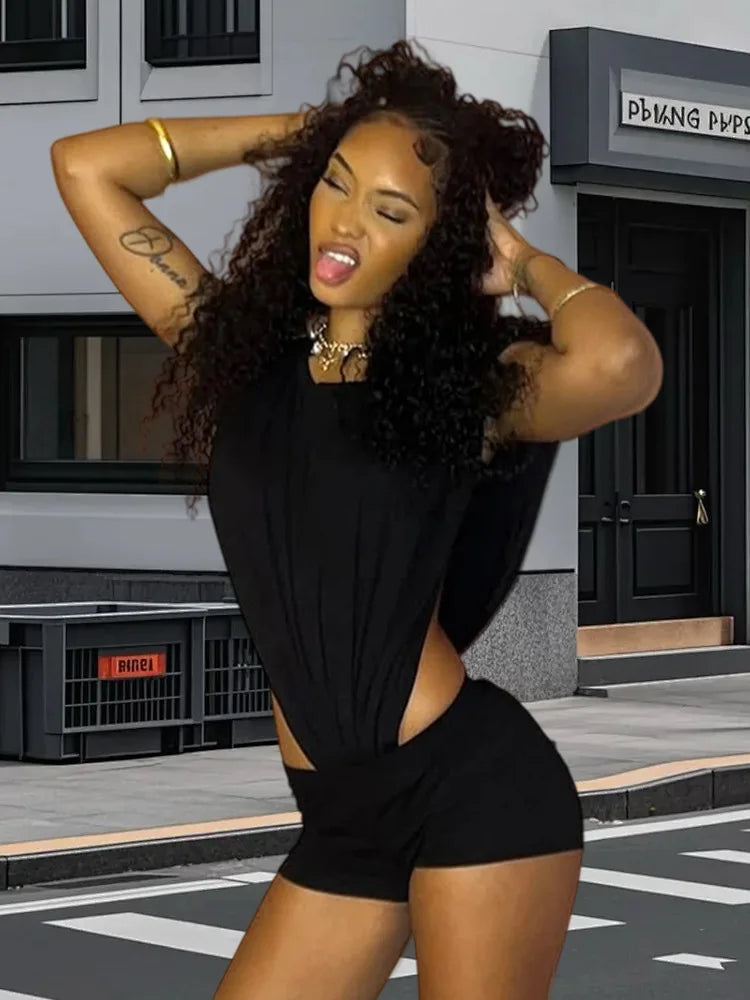 Sexy Women 2 Piece Set Coquette Sleeveless Side Split Bodysuit Tops+Shorts Stretch Midnight Matching Clubwear Suits