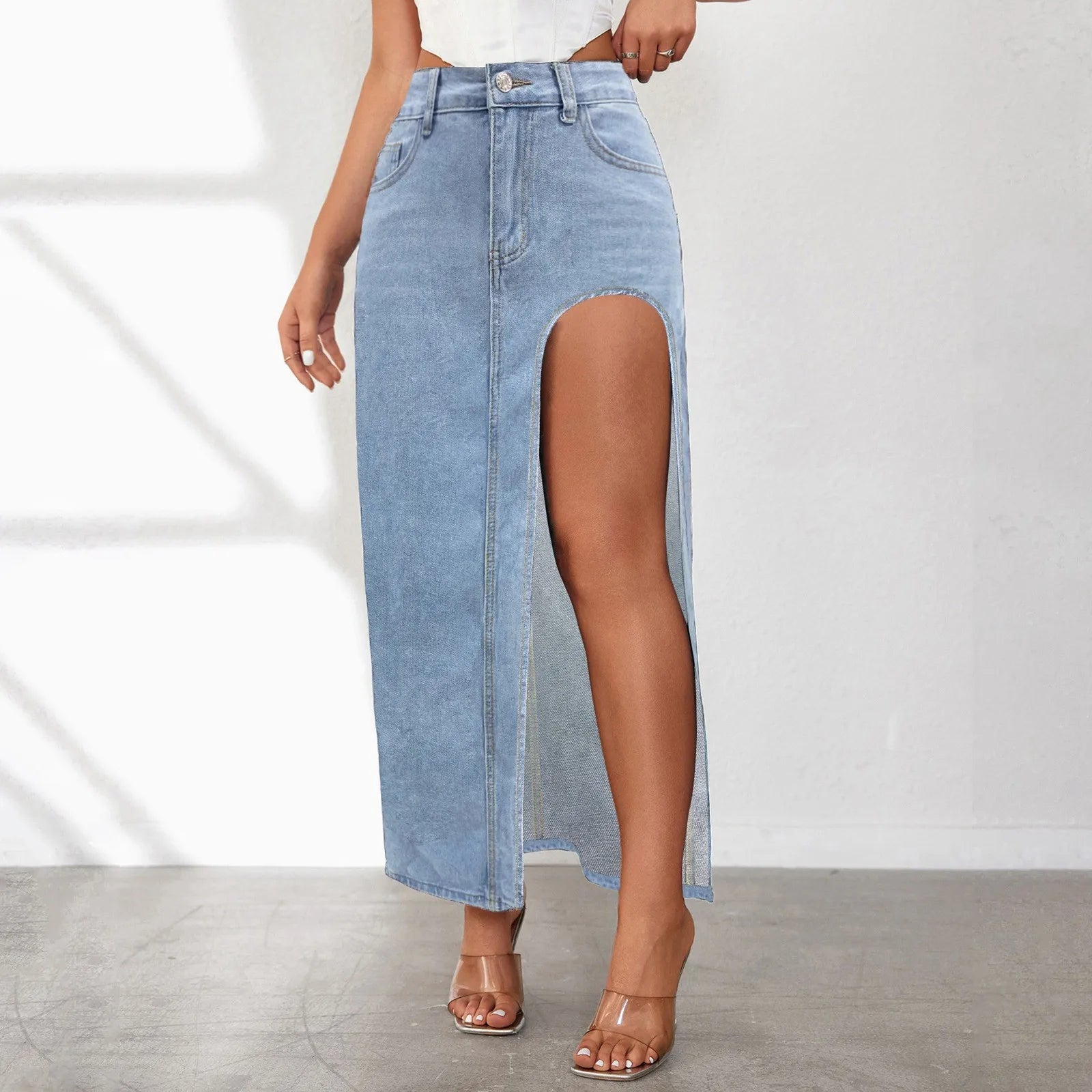 Fashion Design Women High Slit Long Skirt Spring Summer Washed Mid Length Skirt High Waist Denim Skirt Aesthetics Sexy Clothes