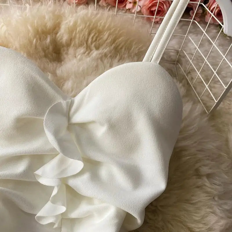 Sleeveless Mini Dress Women Summer Sweet Ruffles Vestido Feminino Pure Temper High Waist Harajuku Sexy Clothes All-match Hipster