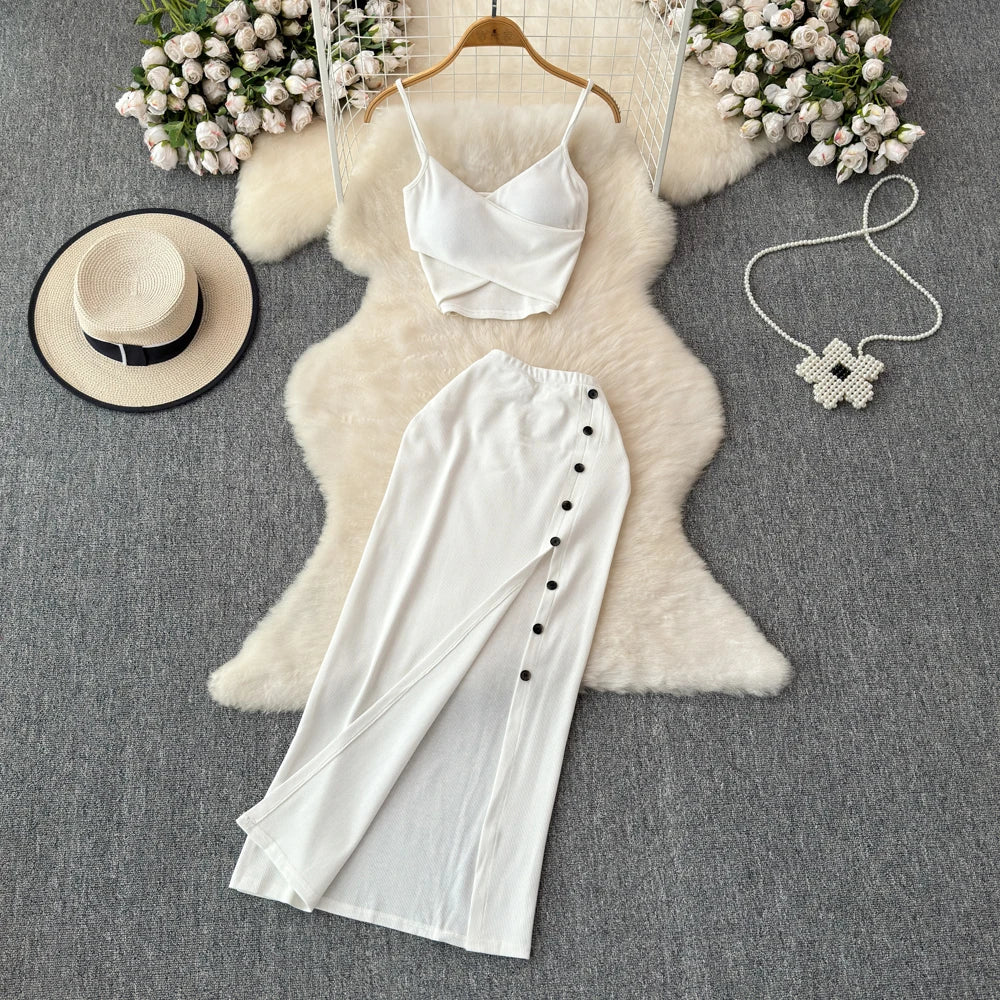 Chic 2 piece SEXY Elegant  v neck slip camis with High Waist Hip Wrap Single Breasted split summer sweet Full Skir