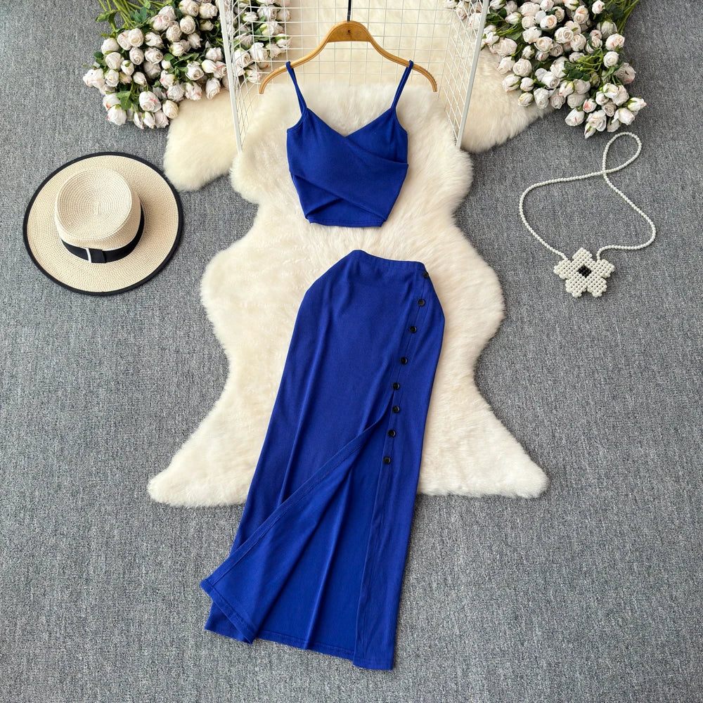 Chic 2 piece SEXY Elegant  v neck slip camis with High Waist Hip Wrap Single Breasted split summer sweet Full Skir