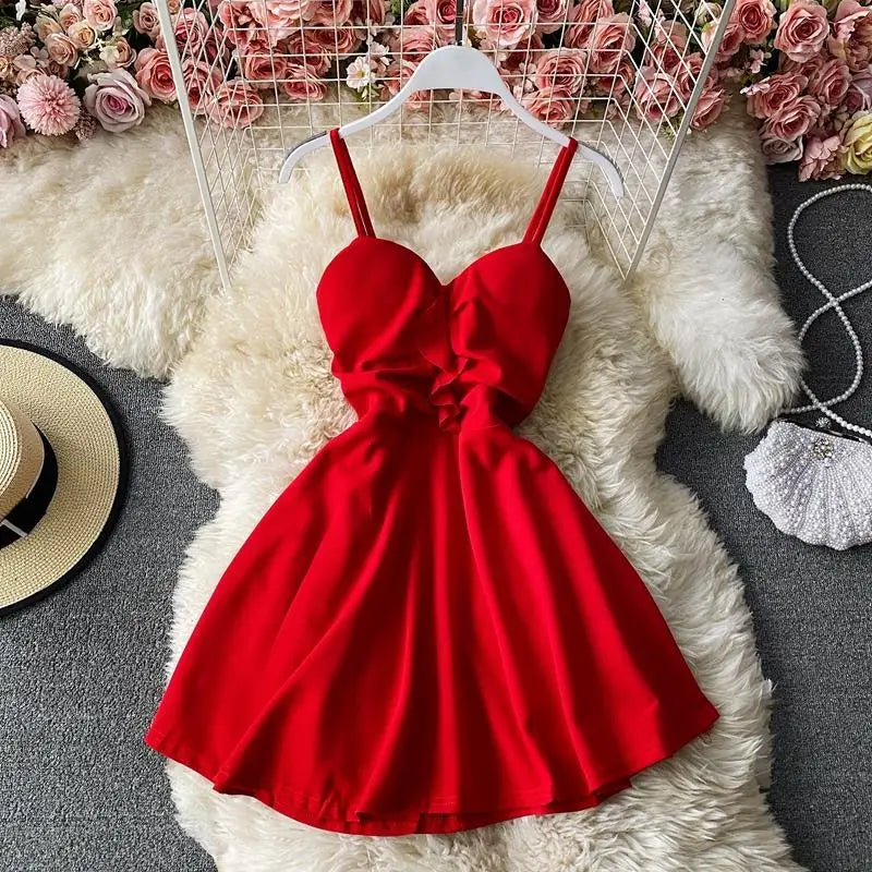 Sleeveless Mini Dress Women Summer Sweet Ruffles Vestido Feminino Pure Temper High Waist Harajuku Sexy Clothes All-match Hipster