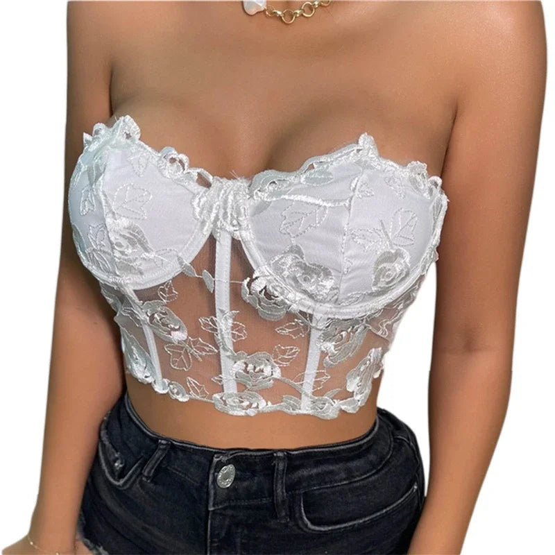Xingqing Lace Corset Tops Sexy Clothes See Through Flower Strapless Transparent Tank Cropped Tee Party Wear Womens Clothing