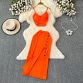 Chic 2 piece SEXY Elegant  v neck slip camis with High Waist Hip Wrap Single Breasted split summer sweet Full Skir