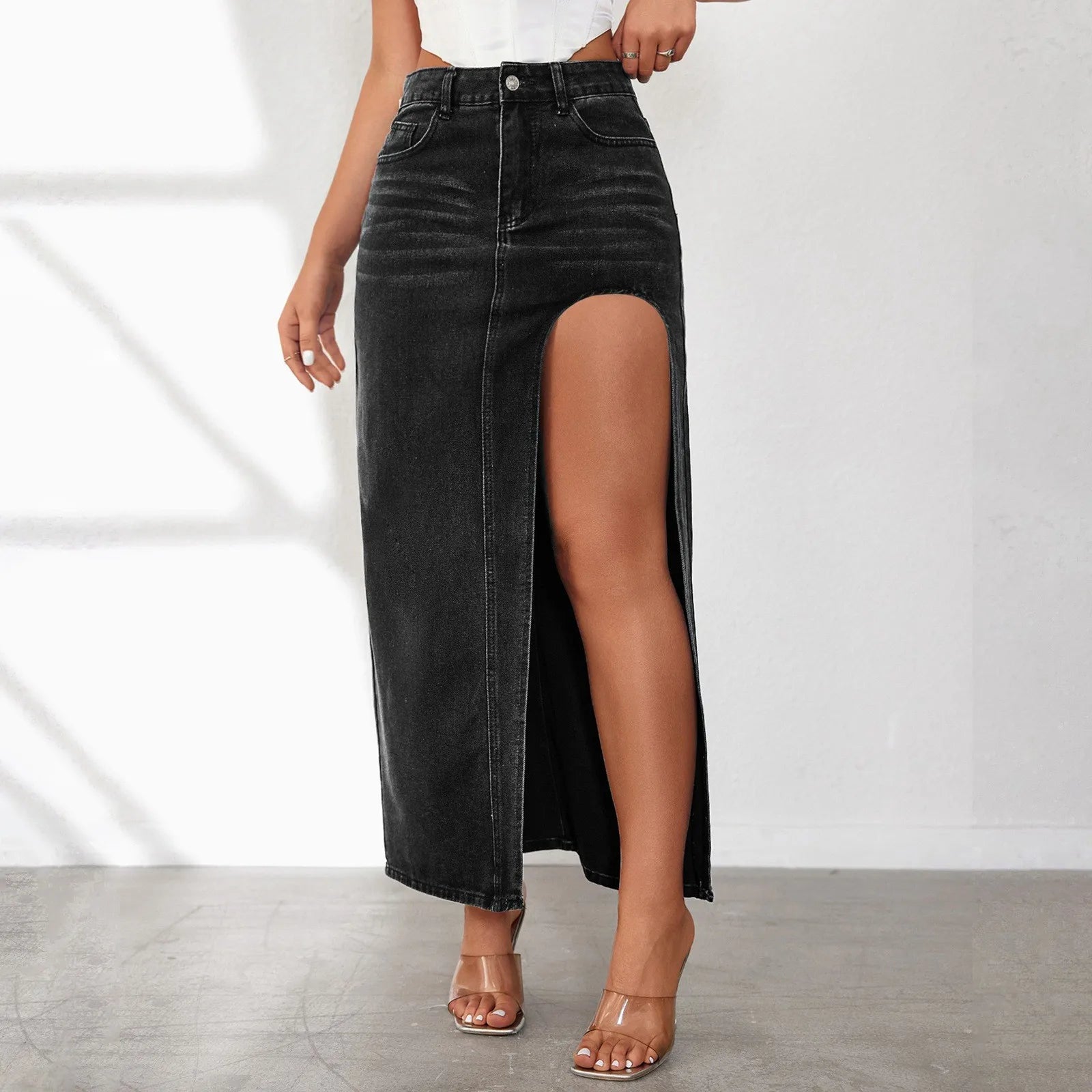 Fashion Design Women High Slit Long Skirt Spring Summer Washed Mid Length Skirt High Waist Denim Skirt Aesthetics Sexy Clothes