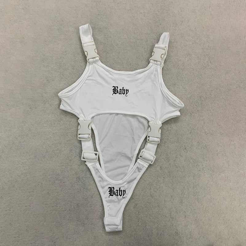 Sexy "DAT BABY" Bodysuit Women Punk High Street Sleeveless Bodysuits Y2k Gothic Bodycon Tops Casual Jumpsuit Club Party