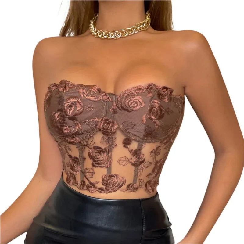 Xingqing Lace Corset Tops Sexy Clothes See Through Flower Strapless Transparent Tank Cropped Tee Party Wear Womens Clothing