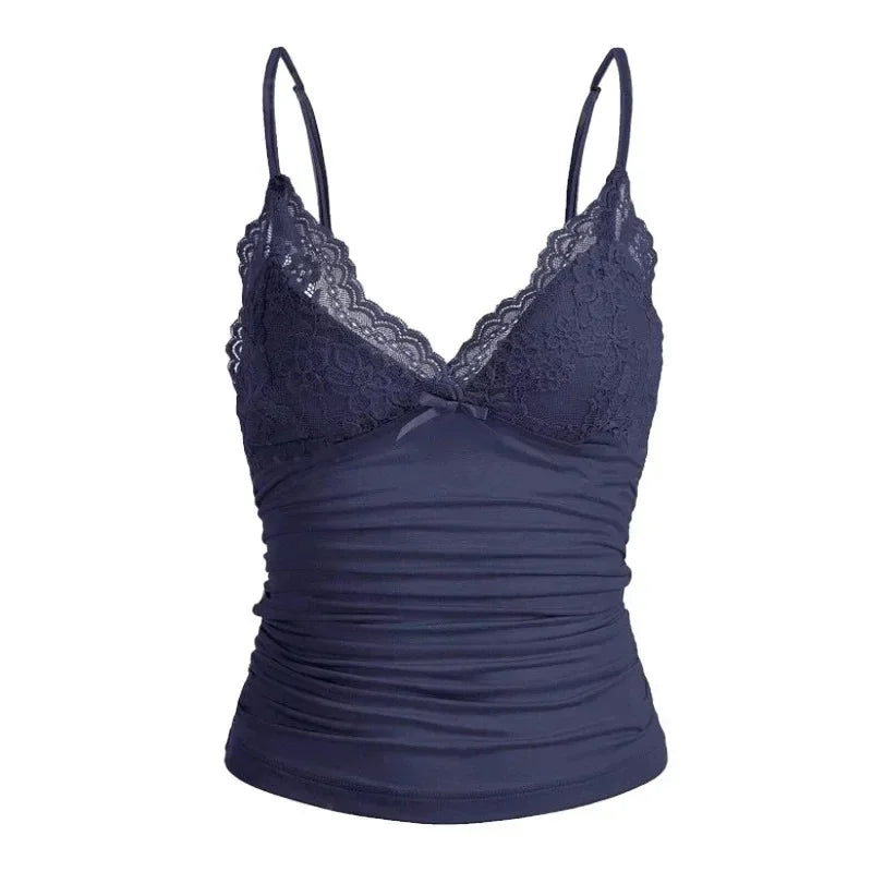 Sexy Contrast Lace Bow Front Crop Cami Top Women 2025 Summer Grunge Punk Y2K Clothes Ruched Skinny Backless Tee Shirt