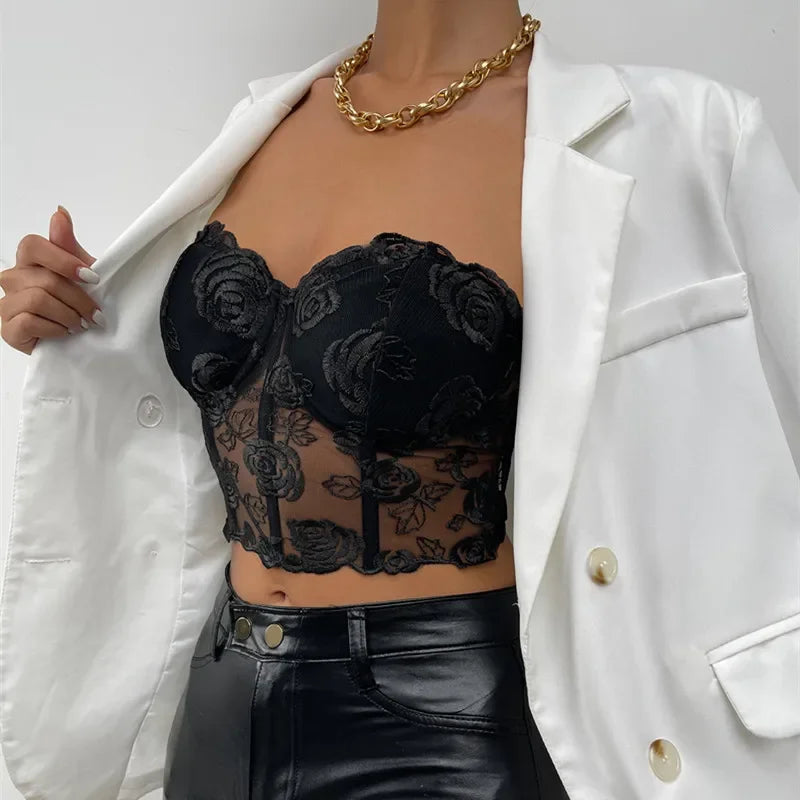 Lace Corset Tops Sexy Clothes See Through Flower Strapless Transparent Tank Cropped Tee Party Wear Womens Clothing