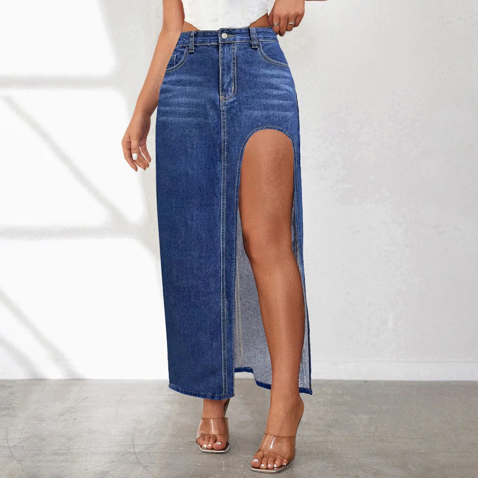 Fashion Design Women High Slit Long Skirt Spring Summer Washed Mid Length Skirt High Waist Denim Skirt Aesthetics Sexy Clothes