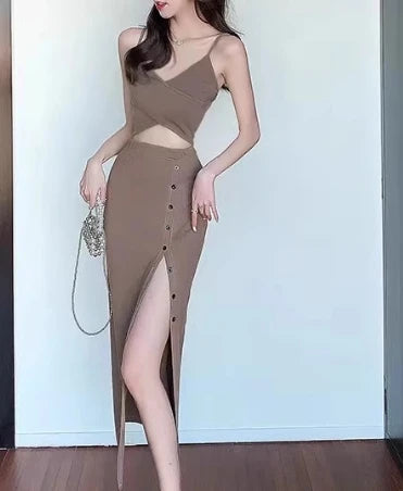 Chic 2 piece SEXY Elegant  v neck slip camis with High Waist Hip Wrap Single Breasted split summer sweet Full Skir