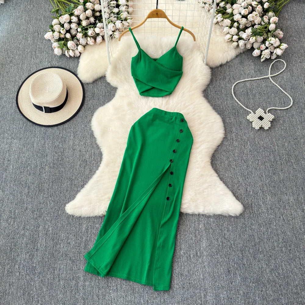 Chic 2 piece SEXY Elegant  v neck slip camis with High Waist Hip Wrap Single Breasted split summer sweet Full Skir