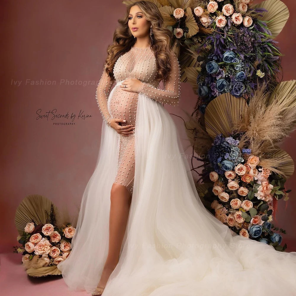 Maternity Photography Props Dress Transparent Tulle Pearl Pregnancy Dress Sexy Clothes For Pregnant Women
