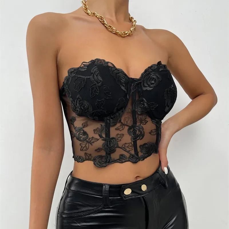 Lace Corset Tops Sexy Clothes See Through Flower Strapless Transparent Tank Cropped Tee Party Wear Womens Clothing