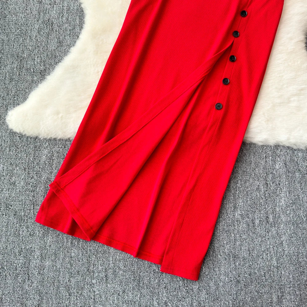 Chic 2 piece SEXY Elegant  v neck slip camis with High Waist Hip Wrap Single Breasted split summer sweet Full Skir