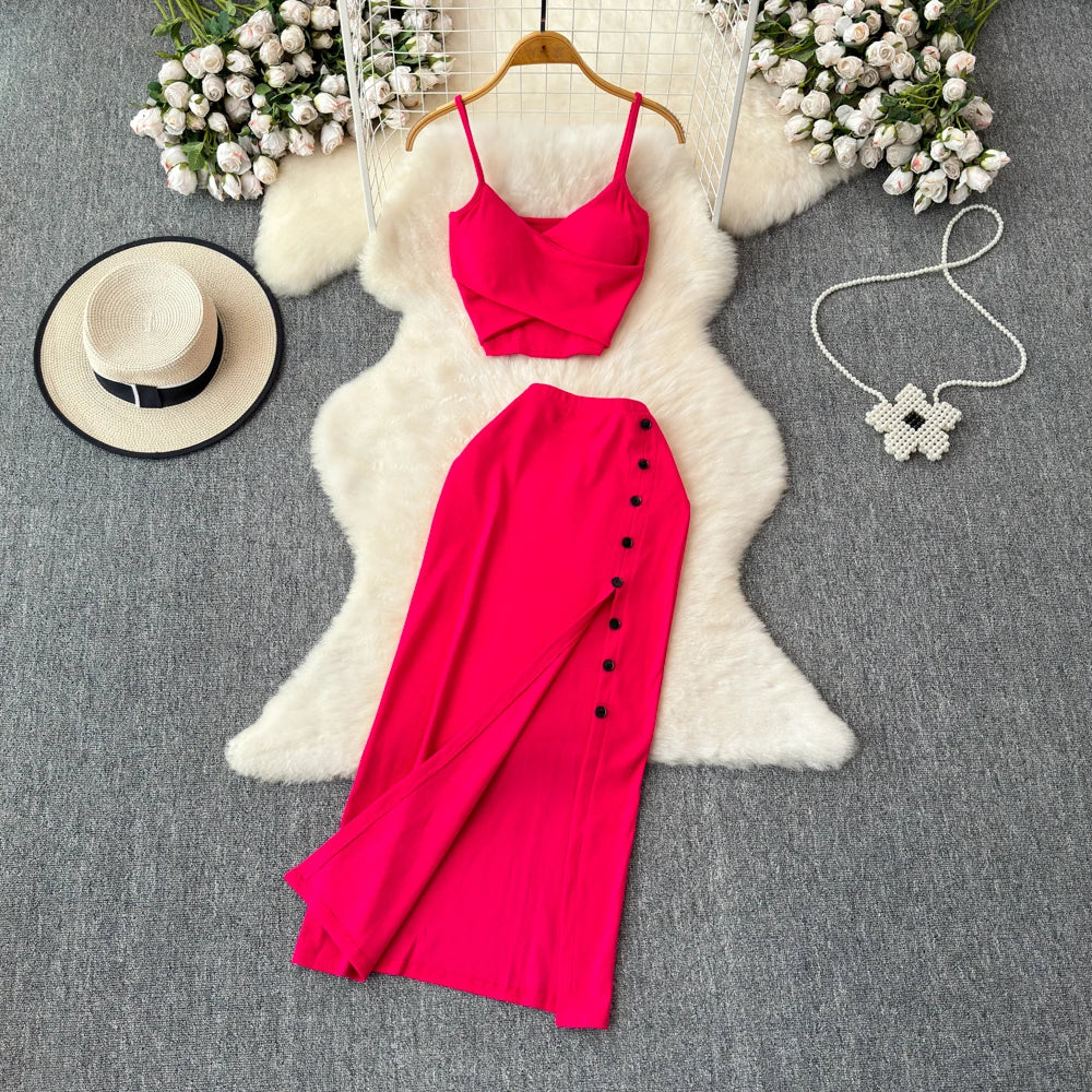 Sexy two Pieces Sets Chic Elegant  v neck slip camis with High Waist Hip Wrap Single Breasted split summer sweet Full Skir