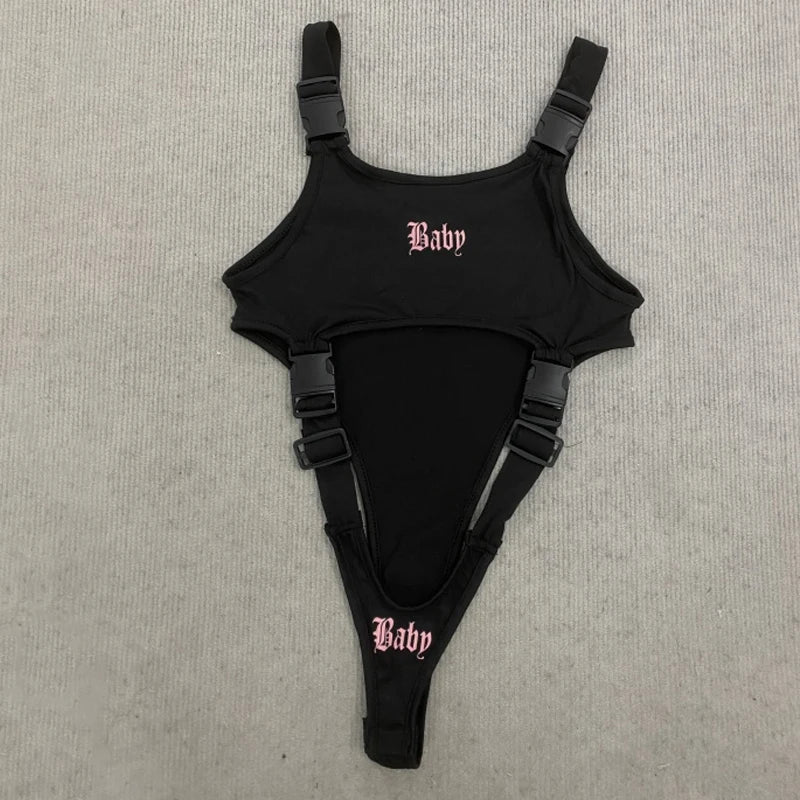 Sexy "DAT BABY" Bodysuit Women Punk High Street Sleeveless Bodysuits Y2k Gothic Bodycon Tops Casual Jumpsuit Club Party