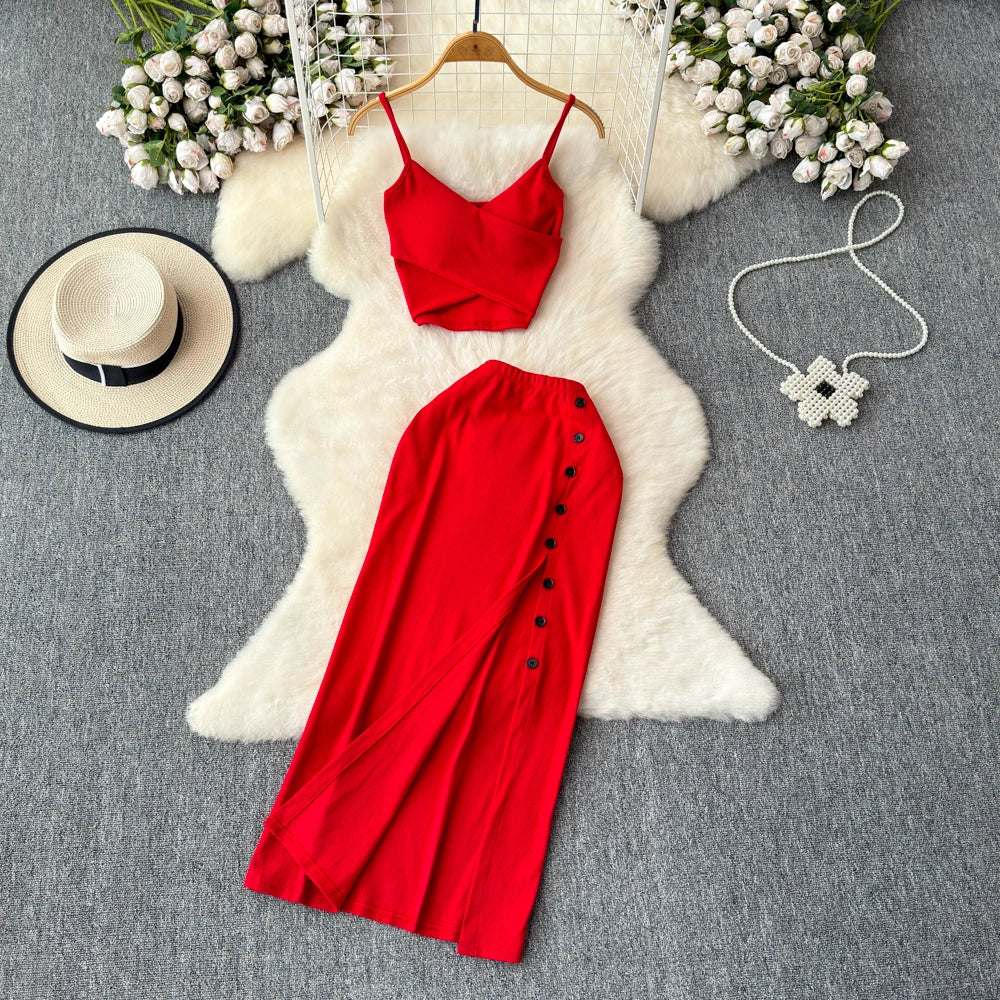Chic 2 piece SEXY Elegant  v neck slip camis with High Waist Hip Wrap Single Breasted split summer sweet Full Skir