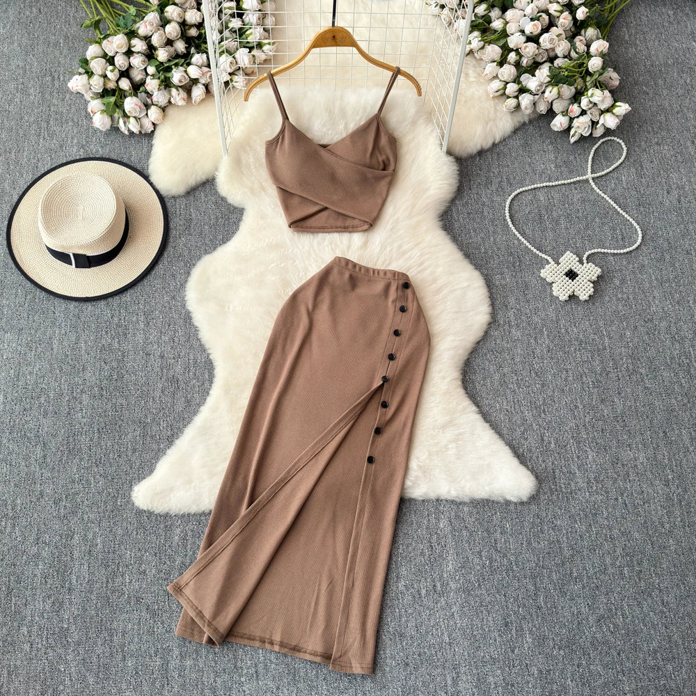 Sexy two Pieces Sets Chic Elegant  v neck slip camis with High Waist Hip Wrap Single Breasted split summer sweet Full Skir