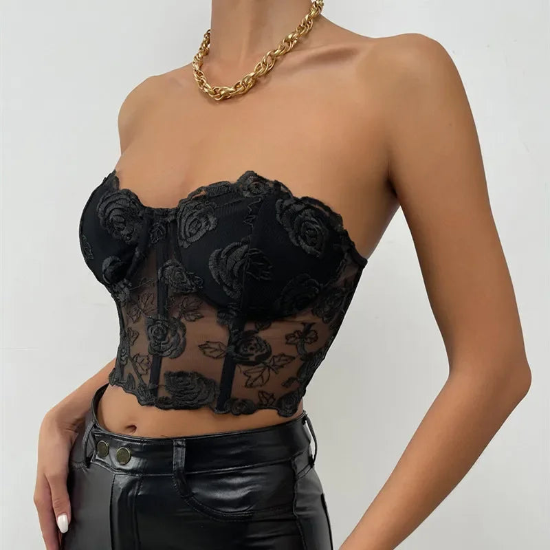 Lace Corset Tops Sexy Clothes See Through Flower Strapless Transparent Tank Cropped Tee Party Wear Womens Clothing