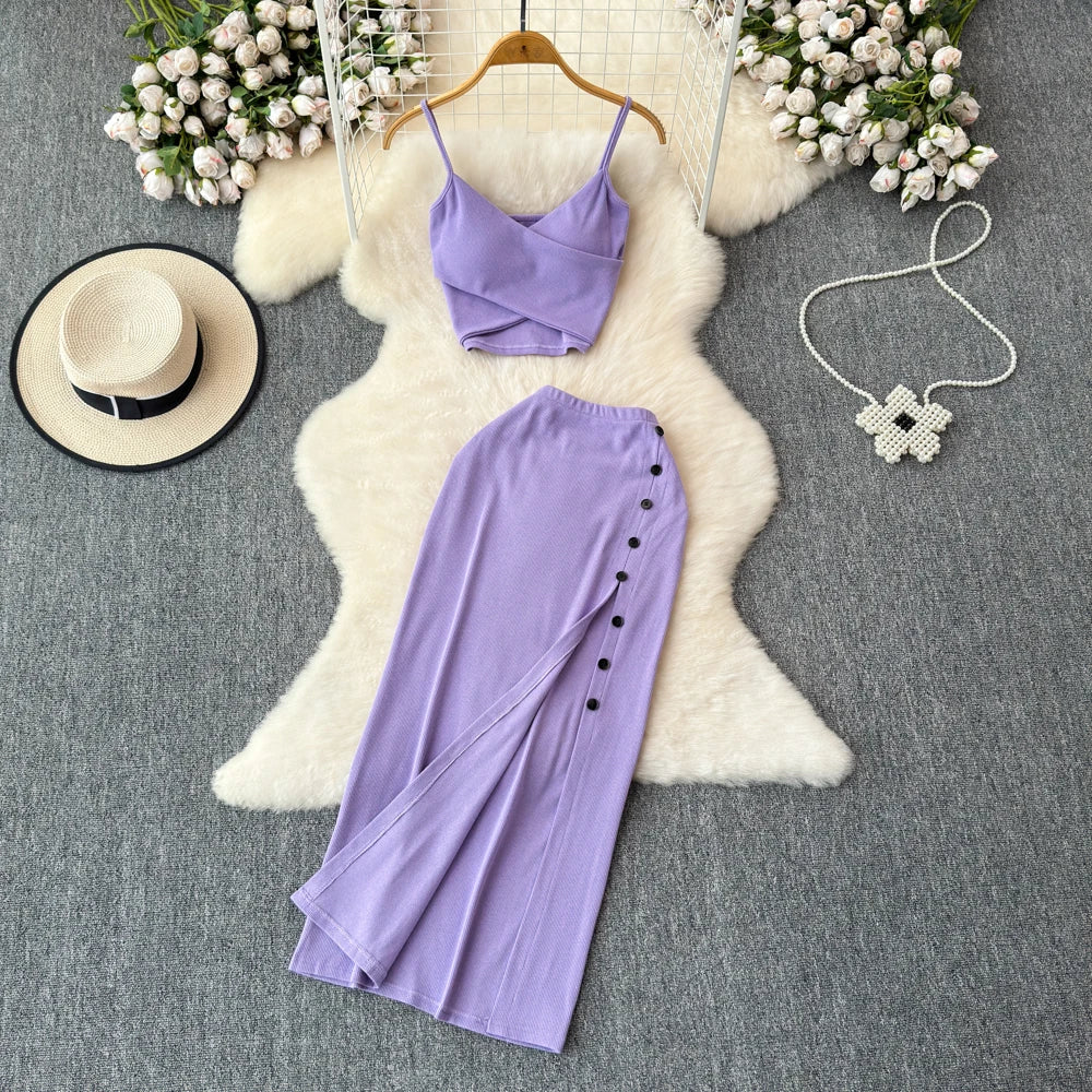 Chic 2 piece SEXY Elegant  v neck slip camis with High Waist Hip Wrap Single Breasted split summer sweet Full Skir