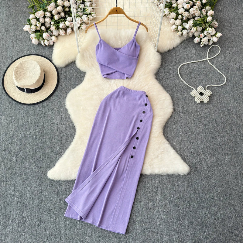 Chic 2 piece SEXY Elegant  v neck slip camis with High Waist Hip Wrap Single Breasted split summer sweet Full Skir