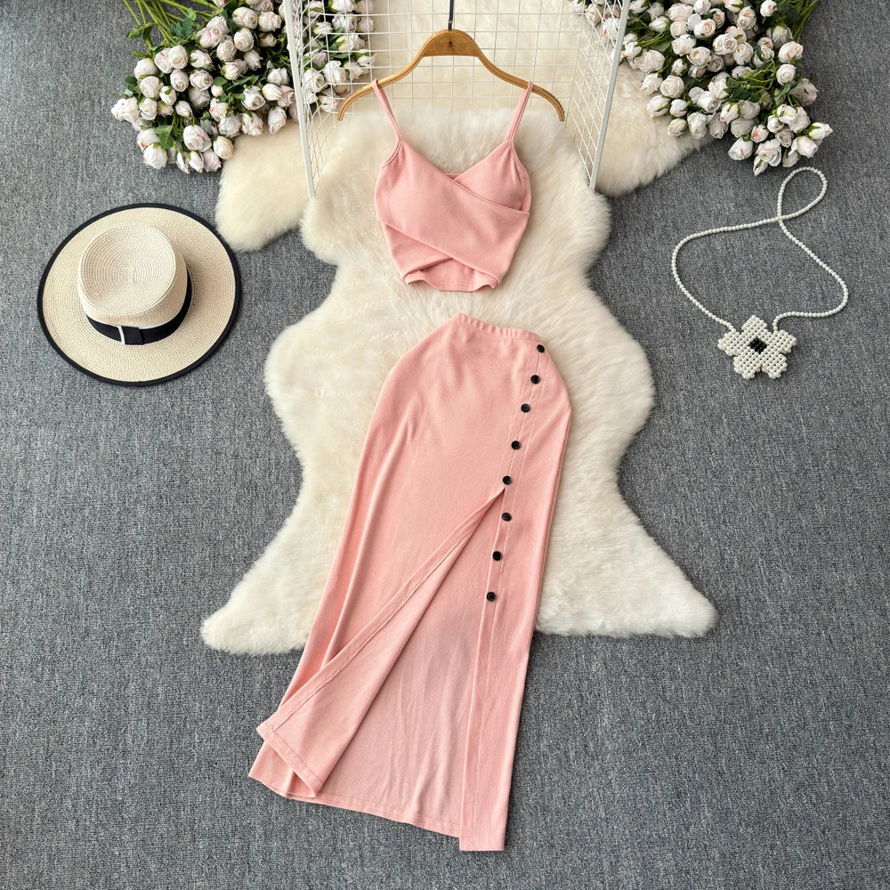 Chic 2 piece SEXY Elegant  v neck slip camis with High Waist Hip Wrap Single Breasted split summer sweet Full Skir