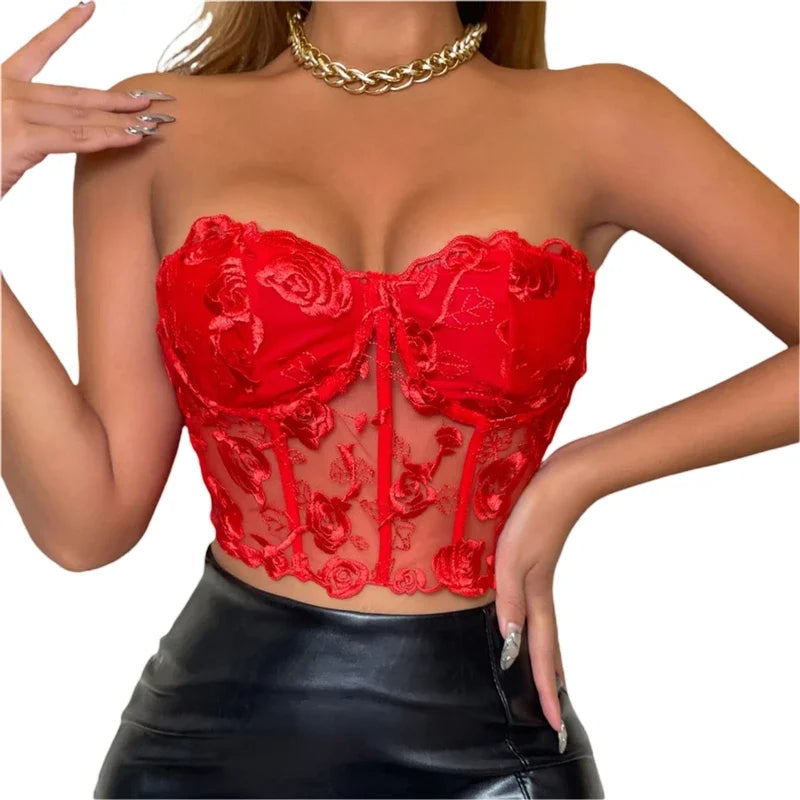 Lace Corset Tops Sexy Clothes See Through Flower Strapless Transparent Tank Cropped Tee Party Wear Womens Clothing