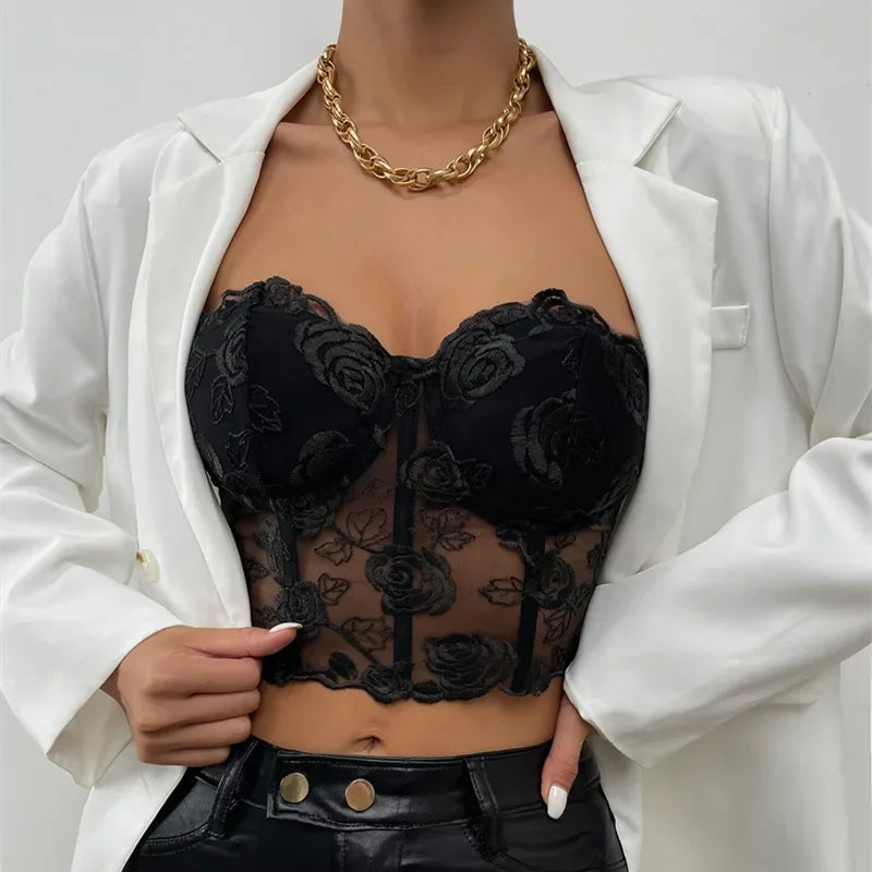 Lace Corset Tops Sexy Clothes See Through Flower Strapless Transparent Tank Cropped Tee Party Wear Womens Clothing